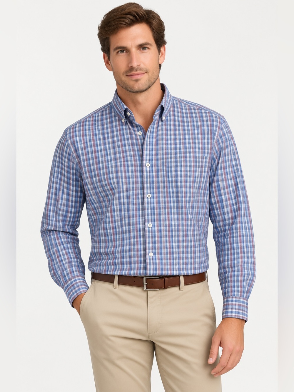 Peter Millar Men’s Plaid Button Down Shirt Cotton & Silk Blue Pink Size Large
